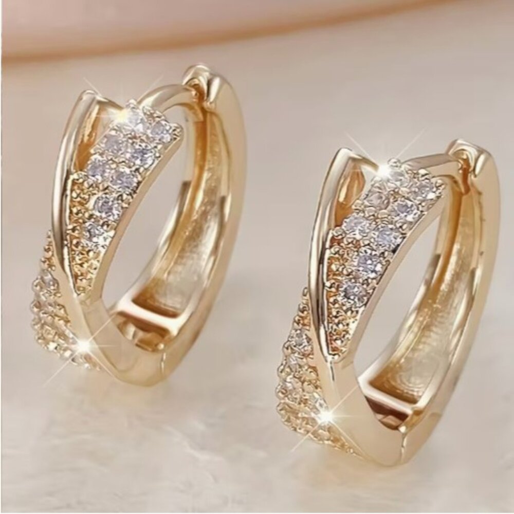 Dainty Golden-Plated Huggie Hoop Earrings with CZ - NEW - Picture 4 of 7